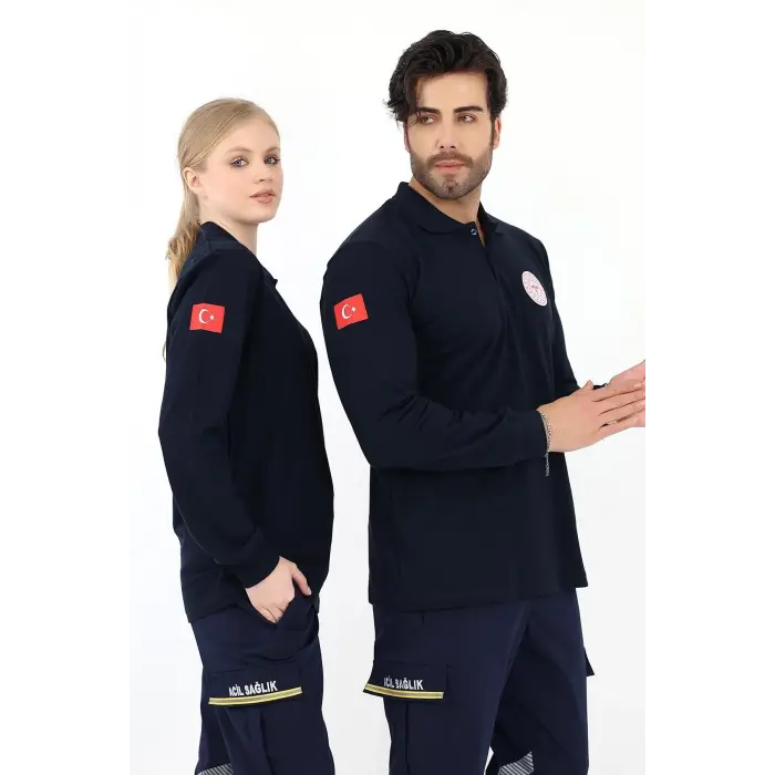 Acil Sağlık Yakalı Unisex Tshirt Uzun Kol Nakışlı - Lacivert