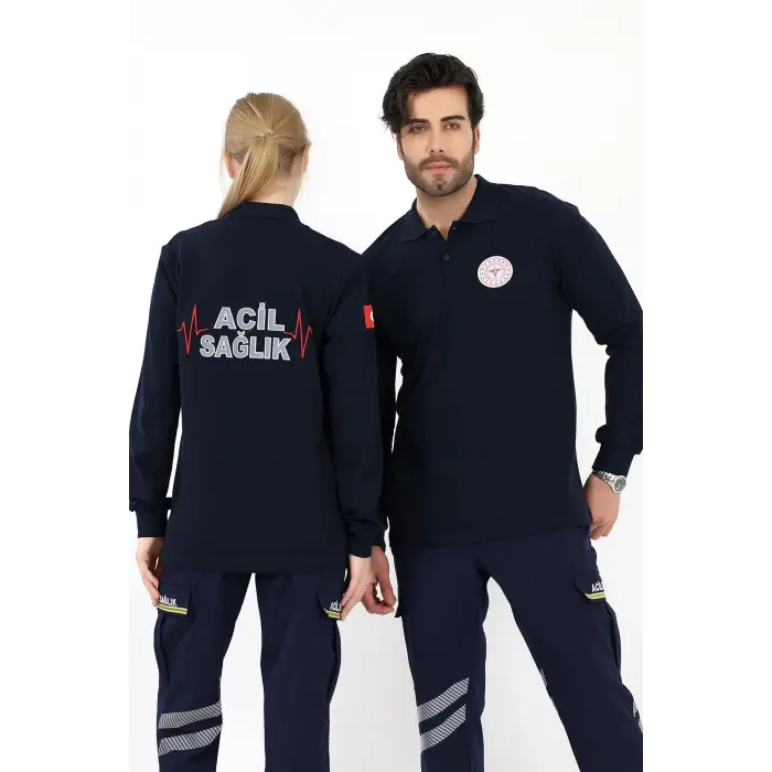 Acil Sağlık Yakalı Unisex Tshirt Uzun Kol Nakışlı - Lacivert