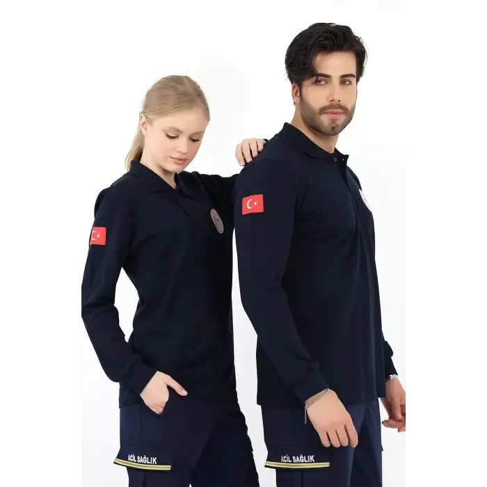 Acil Sağlık Yakalı Unisex Tshirt Uzun Kol Nakışlı - Lacivert