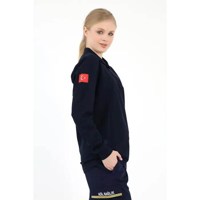 Acil Sağlık Yakalı Unisex Tshirt Uzun Kol Nakışlı - Lacivert