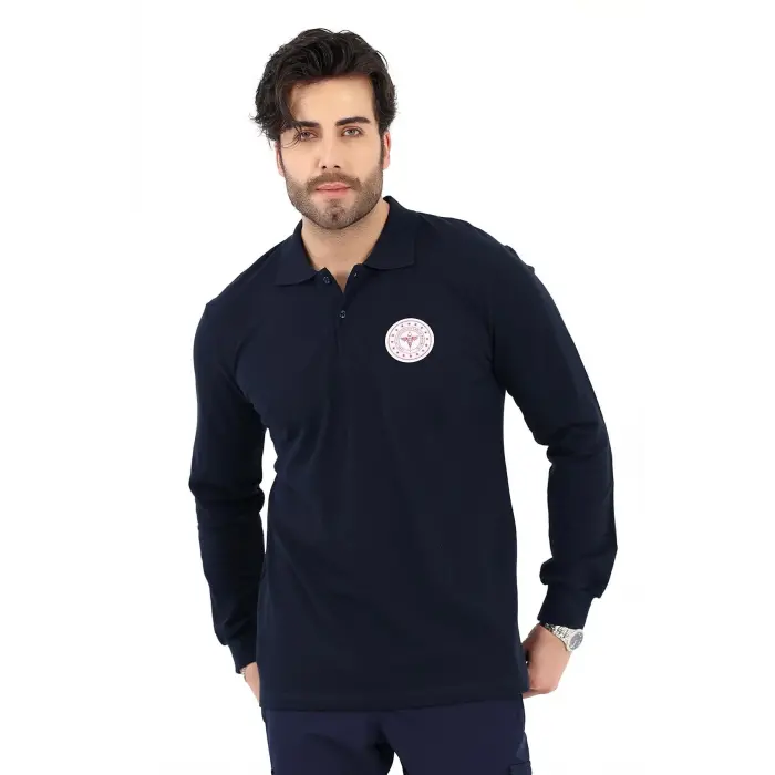 Acil Sağlık Yakalı Unisex Tshirt Uzun Kol Nakışlı - Lacivert