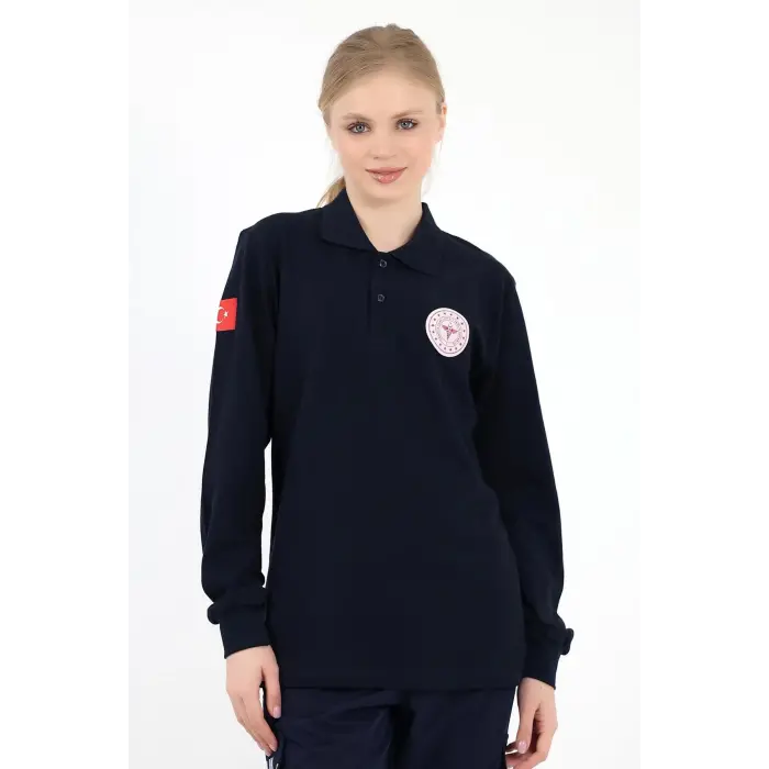 Acil Sağlık Yakalı Unisex Tshirt Uzun Kol Nakışlı - Lacivert