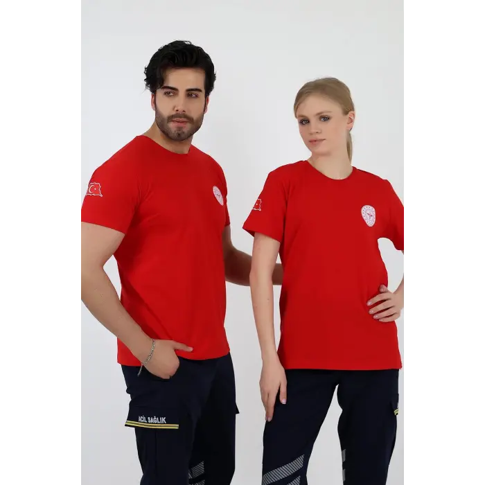 Acil Sağlık Yuvarlak Yaka Penye Kısa Kol Tshirt - Kırmızı