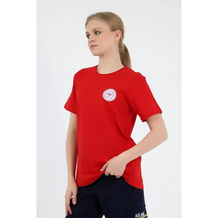 Acil Sağlık Yuvarlak Yaka Penye Kısa Kol Tshirt - Kırmızı