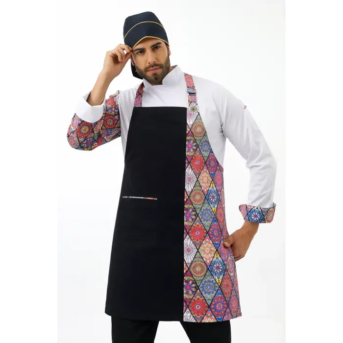 Askılı Önlük Desen Garnili Siyah Çini