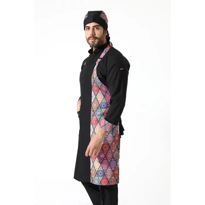 Askılı Önlük Desen Garnili Siyah Çini