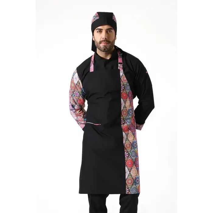 Askılı Önlük Desen Garnili Siyah Çini