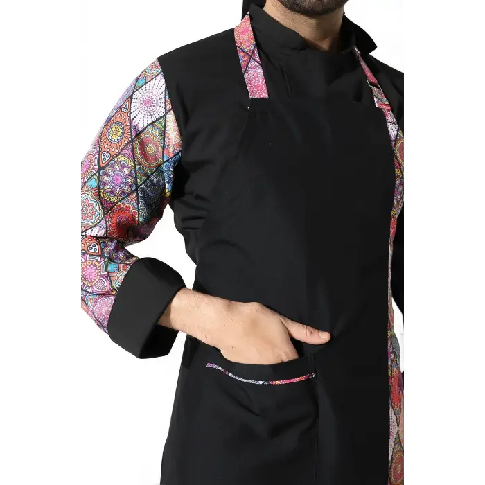 Askılı Önlük Desen Garnili Siyah Çini