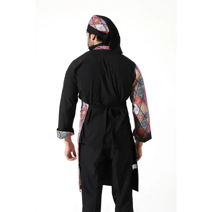 Askılı Önlük Desen Garnili Siyah Çini