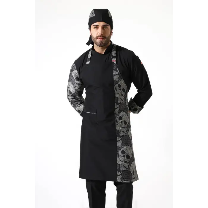 Askılı Önlük Desen Garnili Siyah Kuru Kafa