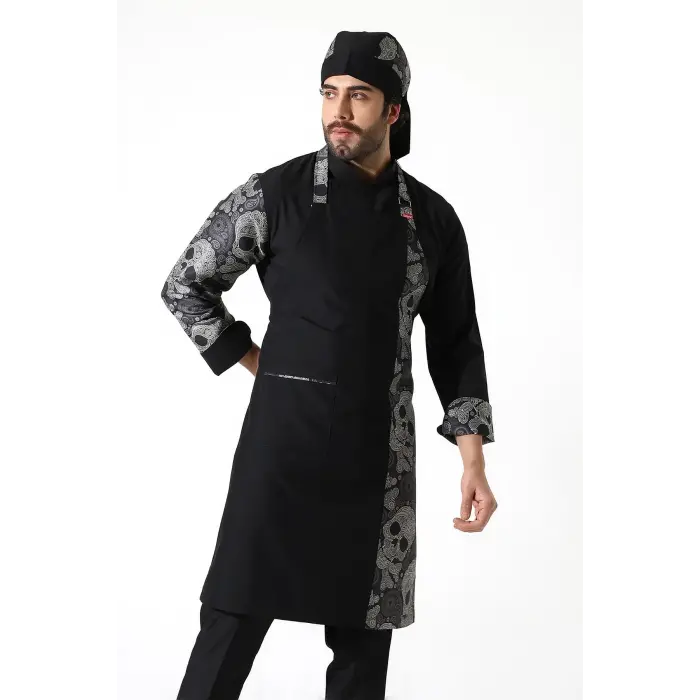 Askılı Önlük Desen Garnili Siyah Kuru Kafa