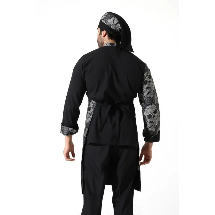 Askılı Önlük Desen Garnili Siyah Kuru Kafa