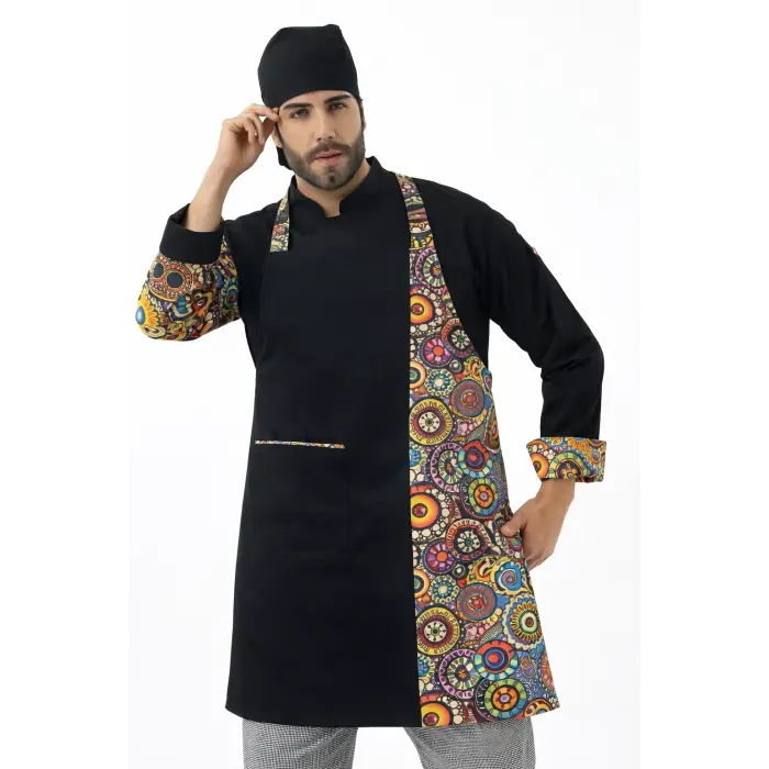 Askılı Önlük Desen Garnili Siyah Renkli Daire