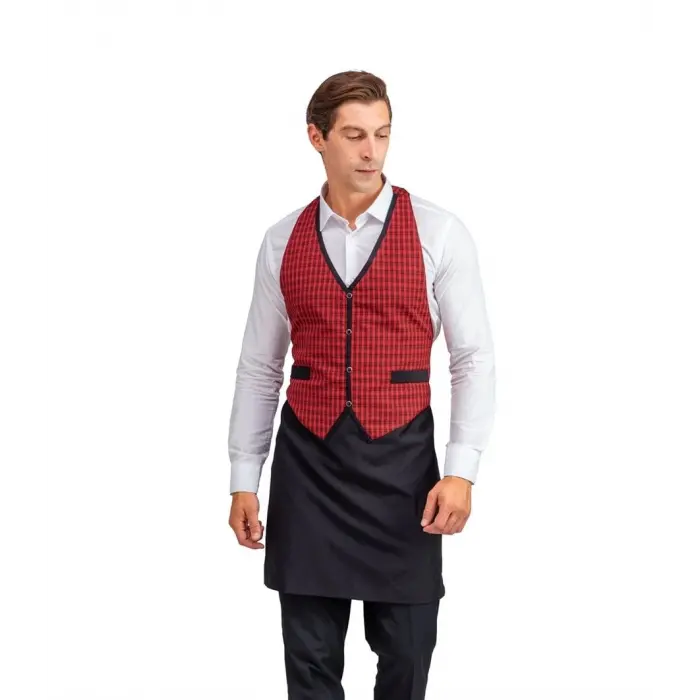 Askılı Yelekli Garson Önlüğü - 401 Kırmızı Kareli