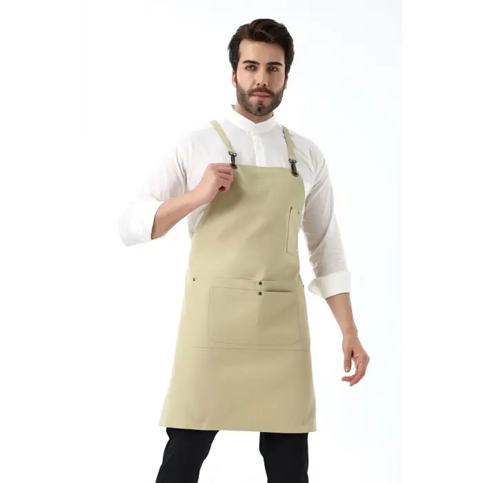 Barista Askılı Önlük Çift Cepli - Bej