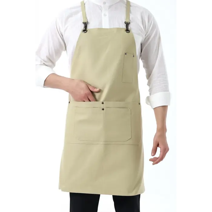 Barista Askılı Önlük Çift Cepli - Bej