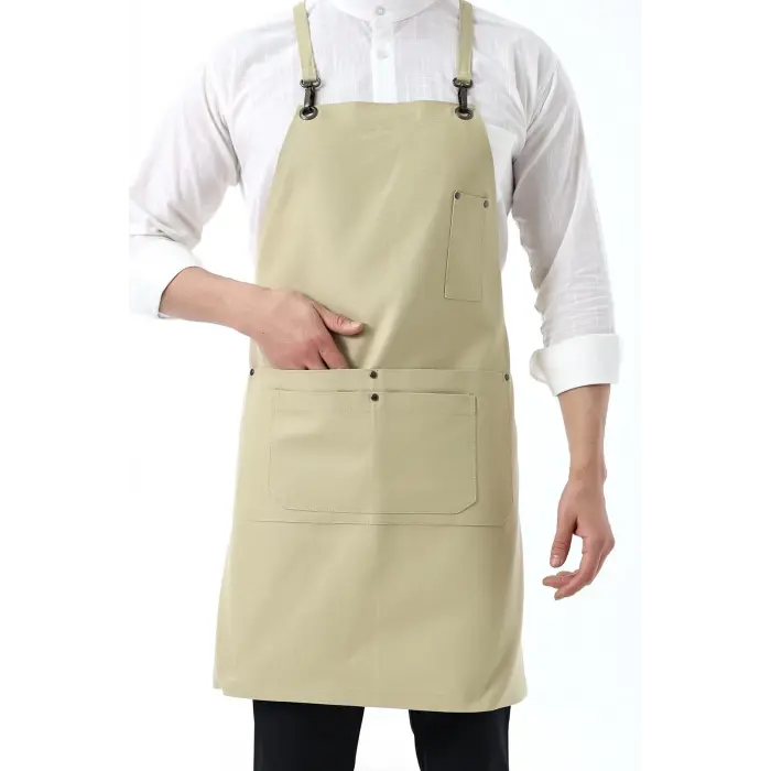 Barista Askılı Önlük Çift Cepli - Bej