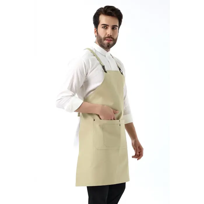 Barista Askılı Önlük Çift Cepli - Bej