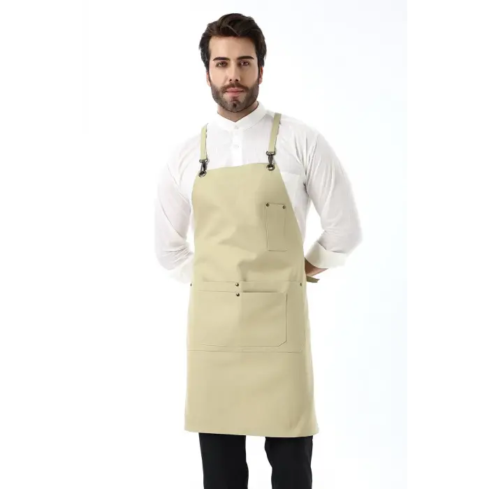 Barista Askılı Önlük Çift Cepli - Bej