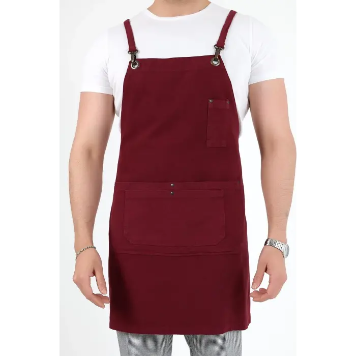 Barista Askılı Önlük Çift Cepli - Bordo