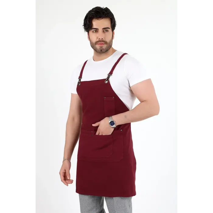 Barista Askılı Önlük Çift Cepli - Bordo