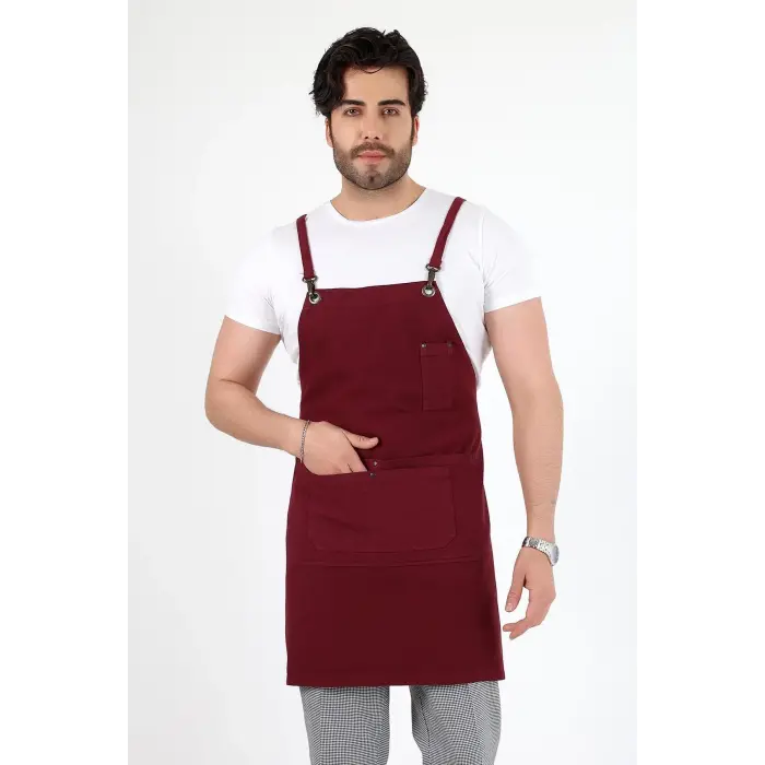 Barista Askılı Önlük Çift Cepli - Bordo