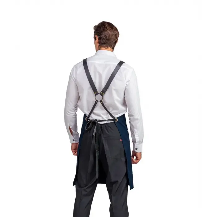 Barista Askılı Önlük Çift Cepli Deri Kemerli Lacivert