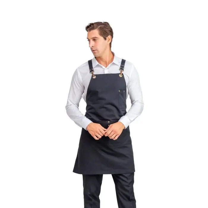 Barista Askılı Önlük Çift Cepli Deri Kemerli Siyah