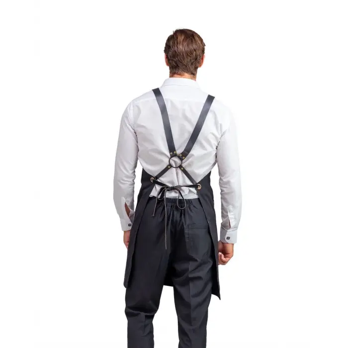Barista Askılı Önlük Çift Cepli Deri Kemerli Siyah