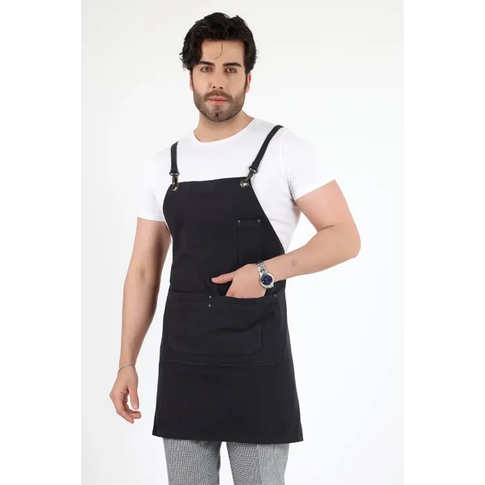 Barista Askılı Önlük Çift Cepli - Füme