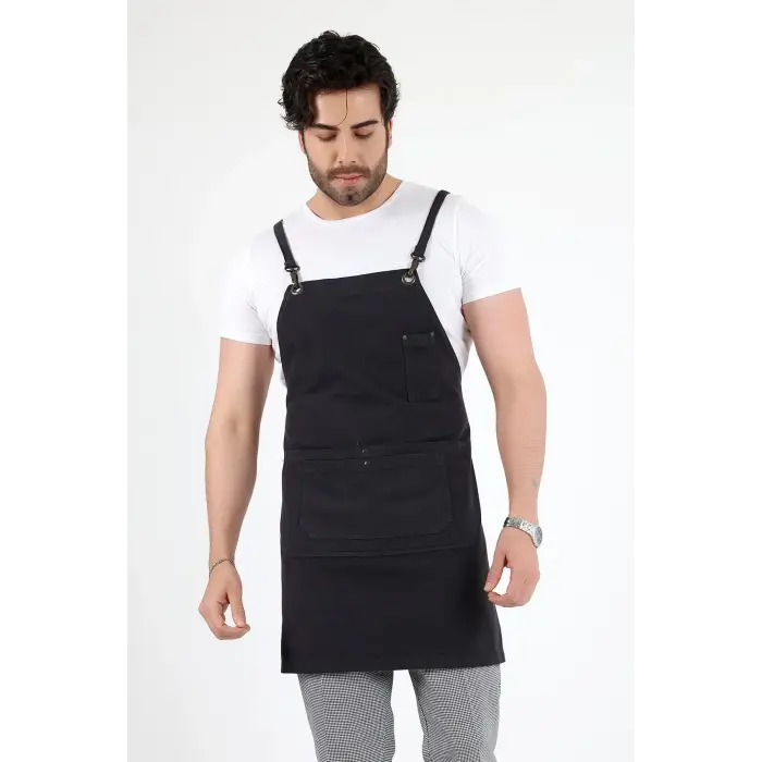 Barista Askılı Önlük Çift Cepli - Füme