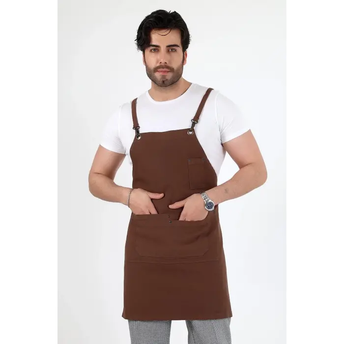 Barista Askılı Önlük Çift Cepli - Kahve