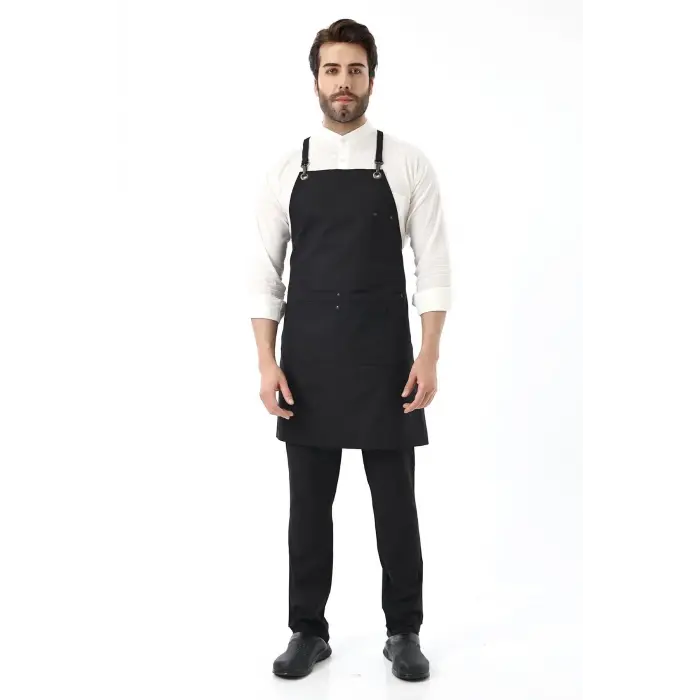 Barista Askılı Önlük Çift Cepli - Siyah