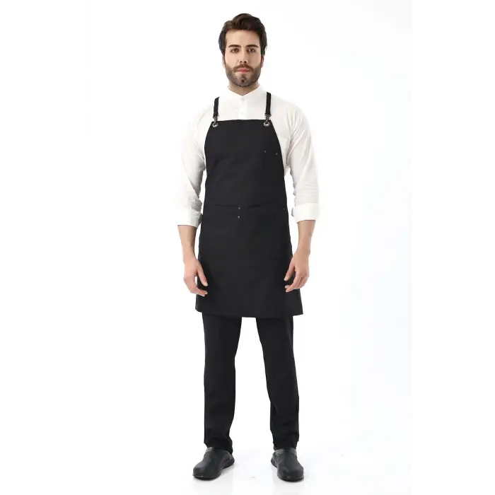 Barista Askılı Önlük Çift Cepli - Siyah
