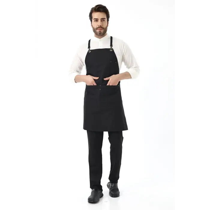 Barista Askılı Önlük Çift Cepli - Siyah