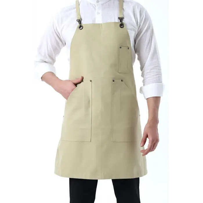 Barista Askılı Önlük Kanguru Cepli - Bej