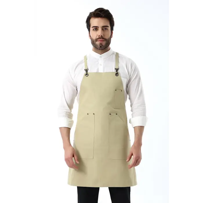 Barista Askılı Önlük Kanguru Cepli - Bej