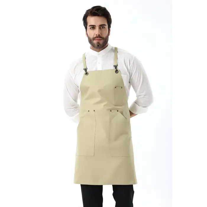 Barista Askılı Önlük Kanguru Cepli - Bej
