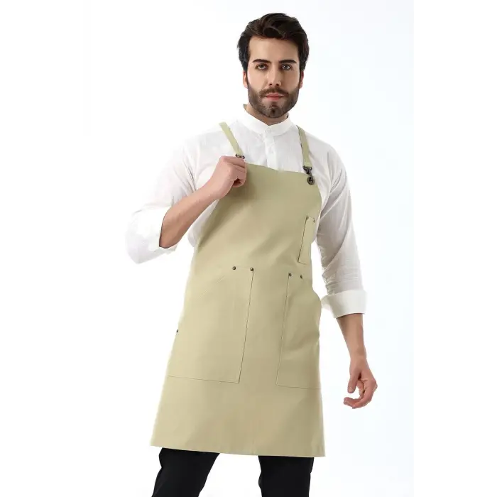 Barista Askılı Önlük Kanguru Cepli - Bej