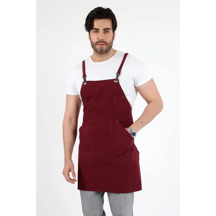 Barista Askılı Önlük Kanguru Cepli - Bordo
