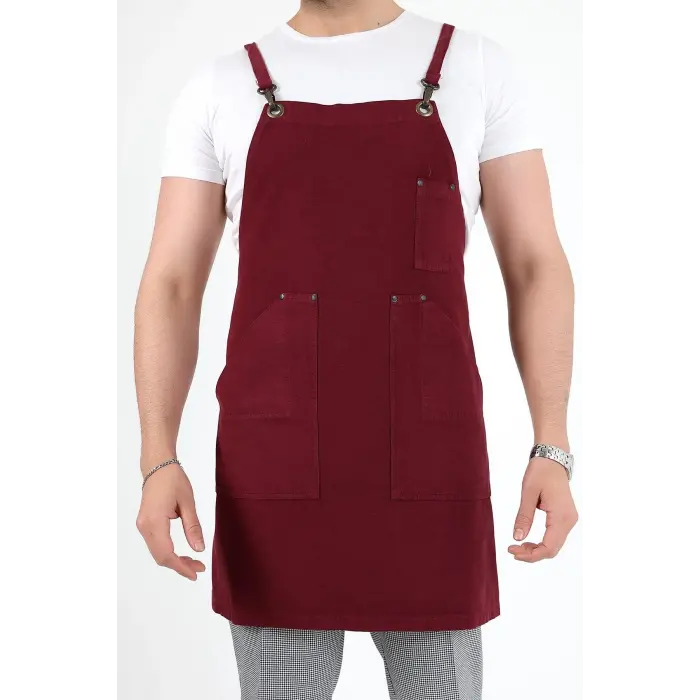 Barista Askılı Önlük Kanguru Cepli - Bordo