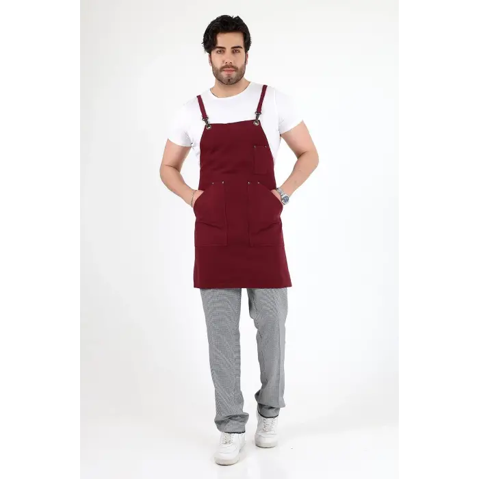 Barista Askılı Önlük Kanguru Cepli - Bordo
