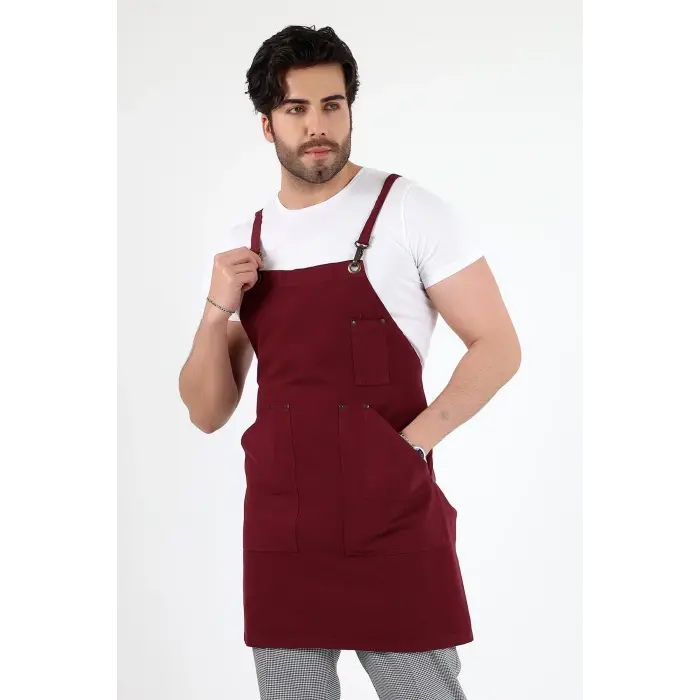 Barista Askılı Önlük Kanguru Cepli - Bordo