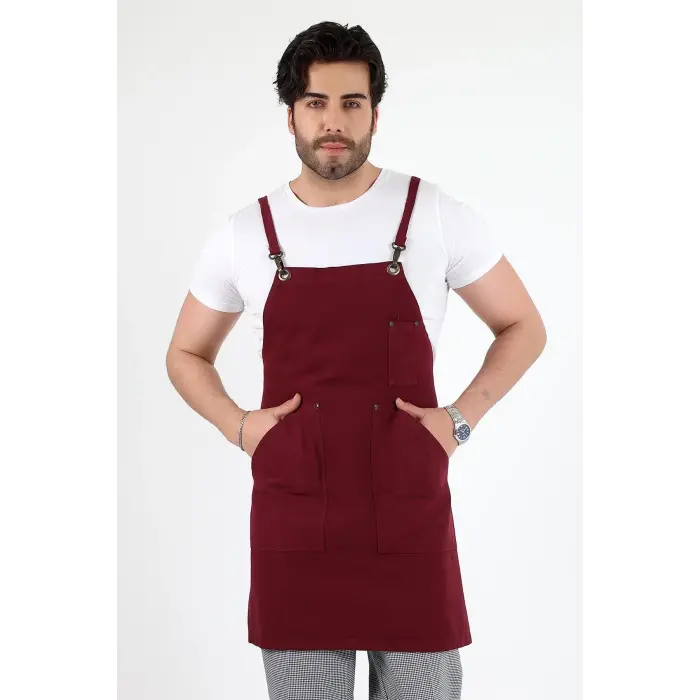 Barista Askılı Önlük Kanguru Cepli - Bordo