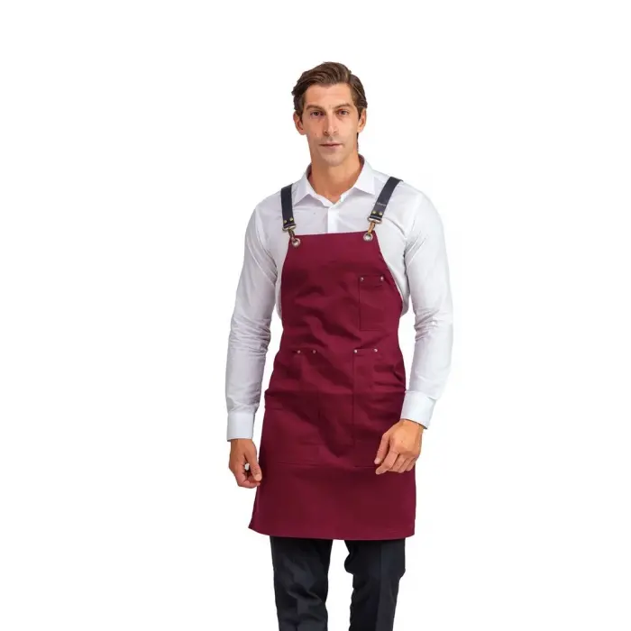 Barista Askılı Önlük Kanguru Cepli Deri Kemerli - Bordo