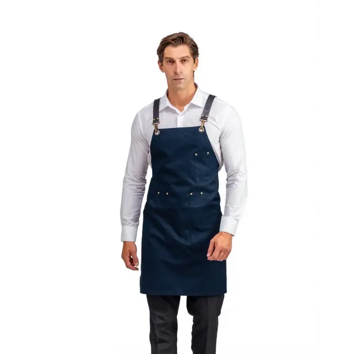 Barista Askılı Önlük Kanguru Cepli Deri Kemerli - Lacivert