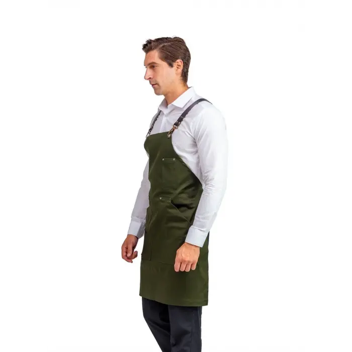 Barista Askılı Önlük Kanguru Cepli Deri Kemerli - Yeşil