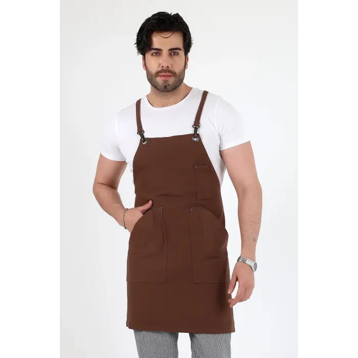 Barista Askılı Önlük Kanguru Cepli - Kahve