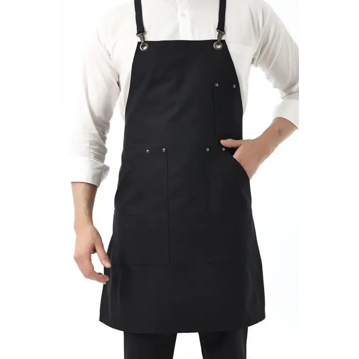 Barista Askılı Önlük Kanguru Cepli - Siyah