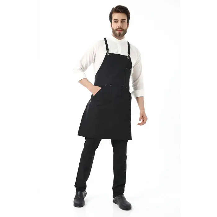 Barista Askılı Önlük Kanguru Cepli - Siyah